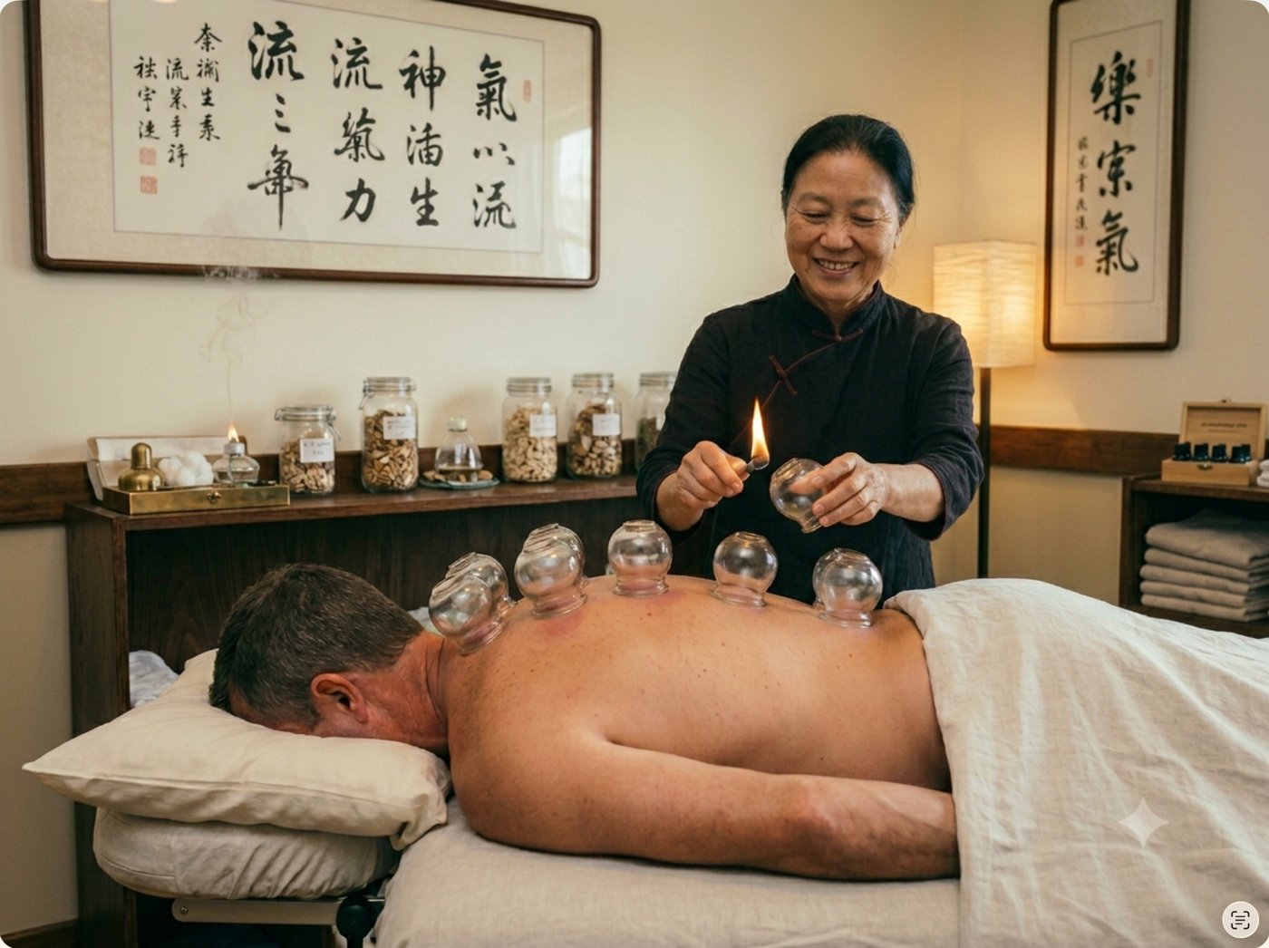 A guest taking part in a cupping experience with a practitioner